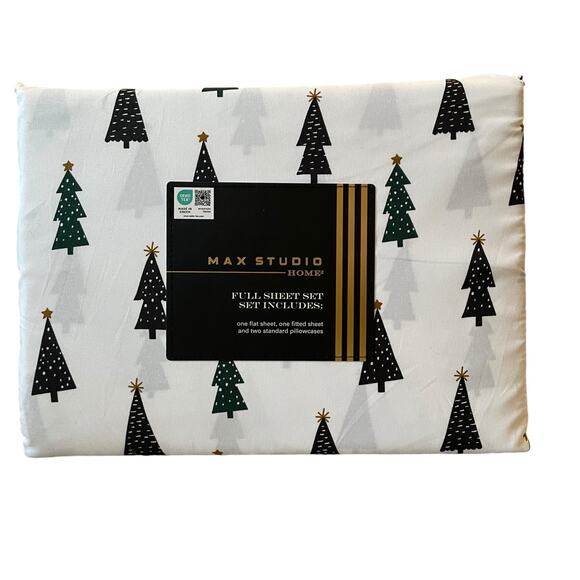 4pc Max Studio Block Christmas Tree Printed Sheet Set FULL Chic Holiday Bedding - Picture 1 of 12
